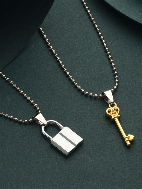 Bold by Priyaasi Golden Heart Key to Silver Lock Couple Pendant Chain