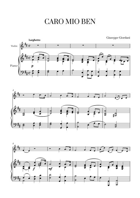 Giuseppe Giordani - Caro Mio Ben (D major) for Violin and Piano (arr ...