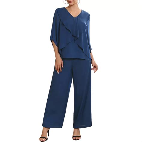Women's Mother of Bride Sets Chiffon Ruffles V Neck Top Wide Legs ...