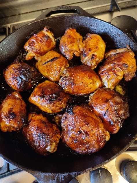 Honey and soy glazed chicken thighs oven baked in the 12" Lodge : r ...