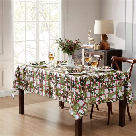 The Holiday Aisle® Kalysia Pinecone Plaid Holiday Fabric Tablecloth ...