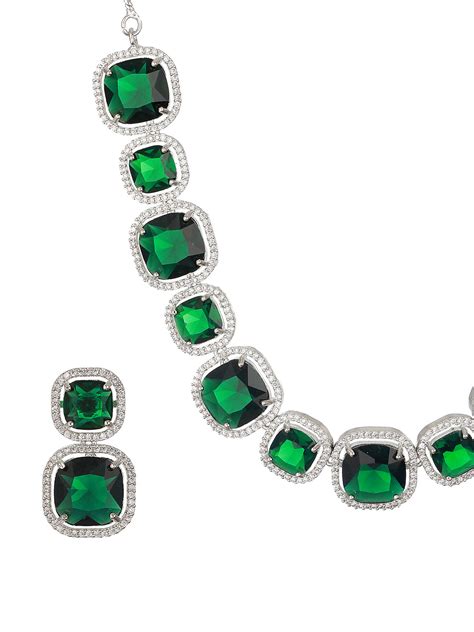Priyaasi Green Square Link American Diamond Silver-Plated Jewellery Se