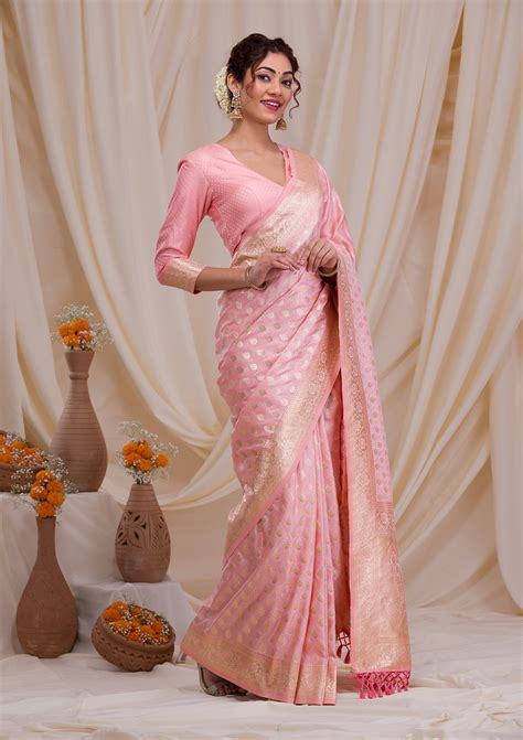 Buy Baby Pink Zariwork Banarasi Silk Saree - Koskii