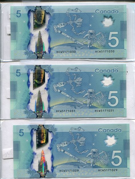 3 Canadian 5 Dollar bill Sequential UNC