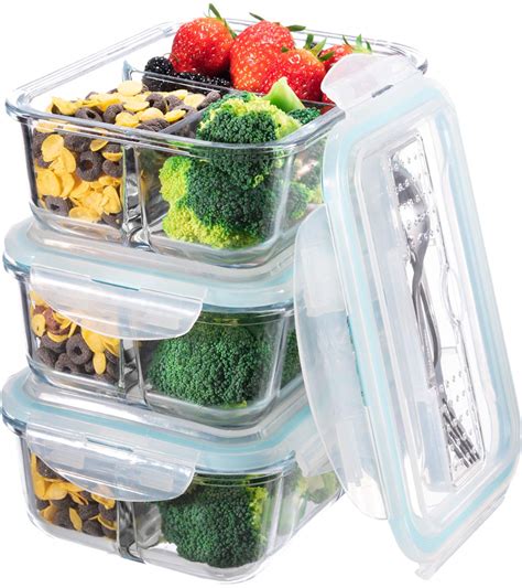 Glass Meal Prep Lunch Containers 3 Compartment Bento Box Food ...