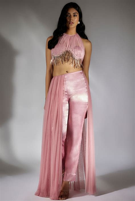 Onion Pink Embroidered Ruched Pant Set – Masumi Mewawalla
