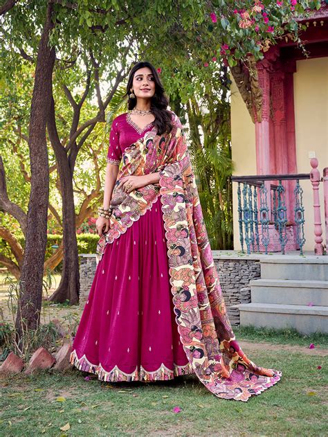 Pink Color Sequins And Thread Embroidery Work Vichitra Silk Lehenga ...