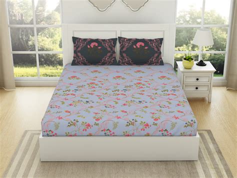 Floral Ancient Water - Light Blue 100% Cotton King Size Bedsheet - Lat