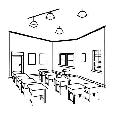 Premium Vector | A drawing of a classroom with tables and chairs