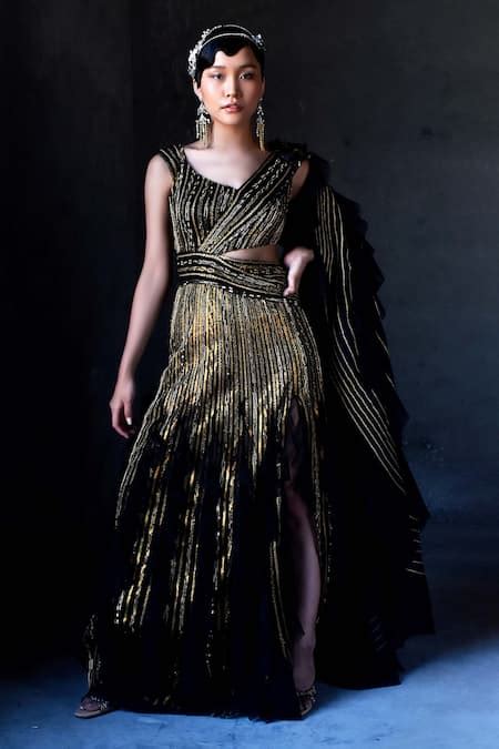 Buy Black Nylon, Polyester And Viscose Sequin & Cutdana Leaf Neck ...