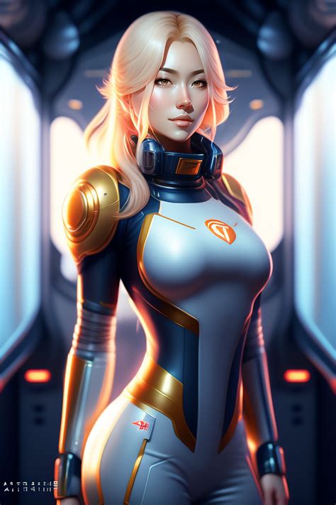 Lexica - Realistic sci-fi anime female with blonde hair in a space station, full body pose ...