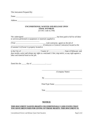 Unconditional Waiver and Release Upon Final Payment - Blank Fillable ...