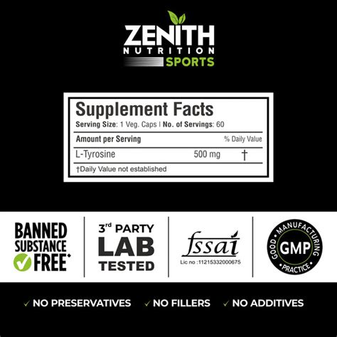 Zenith Sports L-Tyrosine 500 mg, 60 Capsules| Improves Metabolism | He