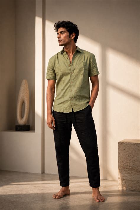 Regal Olive Men Hemp Half Sleeve Shirt