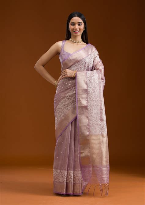 Buy Lavender Zariwork Tissue Saree - Koskii