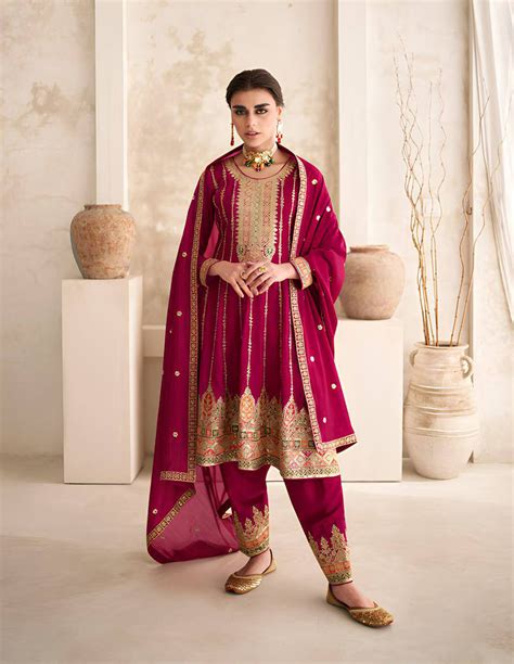 Rani Pink Vichitra Embroidered Salwar Suit with Dupatta