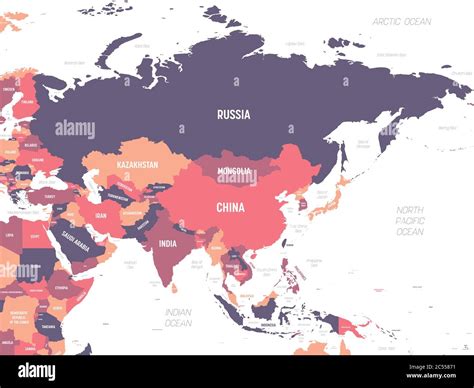 Asia. High detailed political map of asian continent with country, ocean and sea names labeling ...