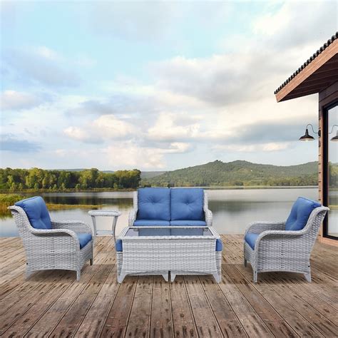 Rilyson Curved Handrail 7-Piece Wicker Patio Conversation Set with Blue ...