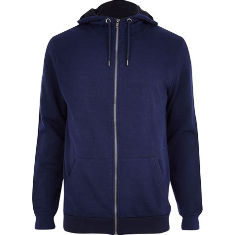 River Island Navy High Neck Zip Through Hoodie in Blue for Men - Lyst