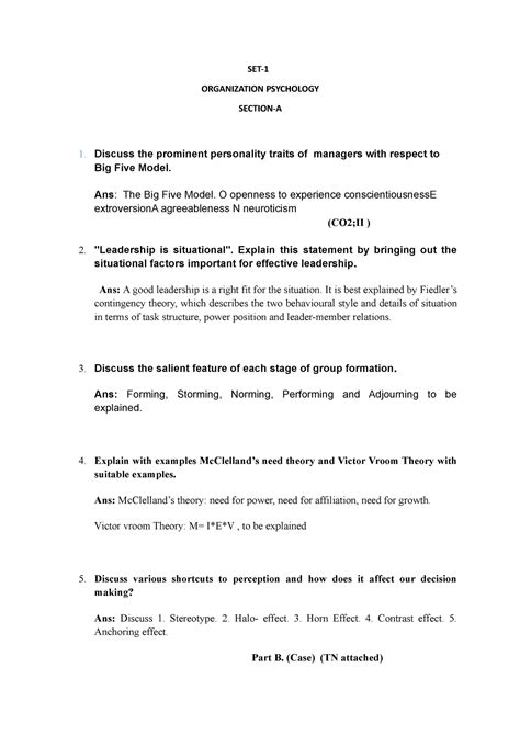 Answer key Org psychology - SET- ORGANIZATION PSYCHOLOGY SECTION-A ...