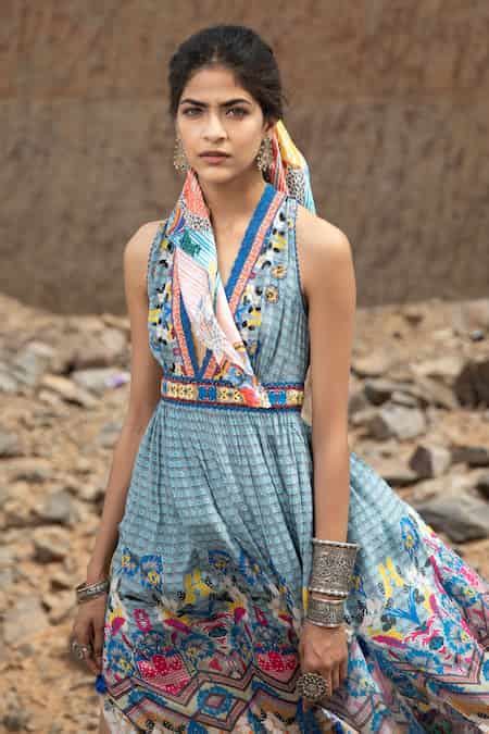 Buy Blue Viscose Floral, Geometric V Neck Tile Florid Printed Maxi ...