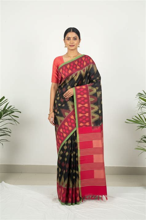 Black Ikkat Cotton Saree with Red Border | Kleemkaara