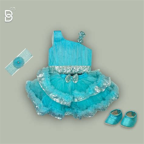 Buy NEW BORN PARTY WEAR FROCK WITH HAIR BAND & SHOE BLUE COLOR