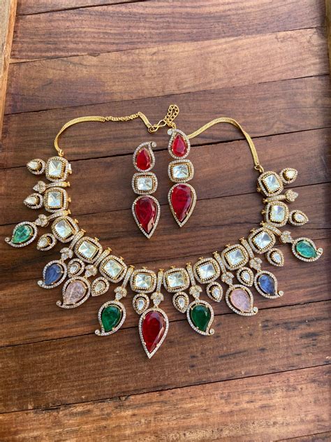 Multi coloured moissanite russian kundan fusion necklace – Alluring ...