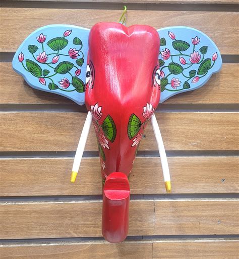 Elephant Head Pichwai Painting Mango Solid Wood Red and Blue Flower De ...