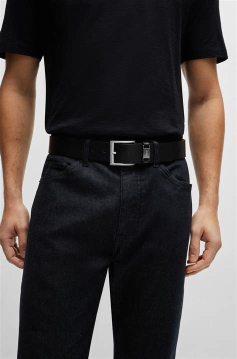 BOSS - Italian-leather belt with logo keeper and brushed hardware - Black
