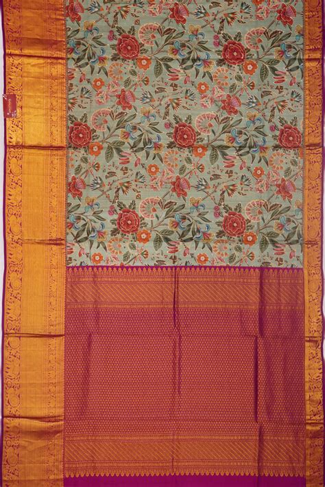 Kanchipuram Silk Digital Printed With Embroidery Pastel Blue
