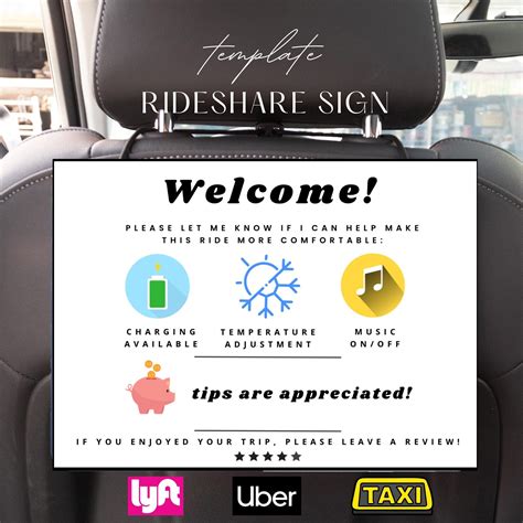 Uber, Lyft, Taxi, Rideshare Welcome Tip Review Sign for Guest Riders ...