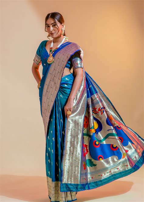 Pure Paithani Silk Blue Peacock Bridal Saree Online Shopping USA India ...