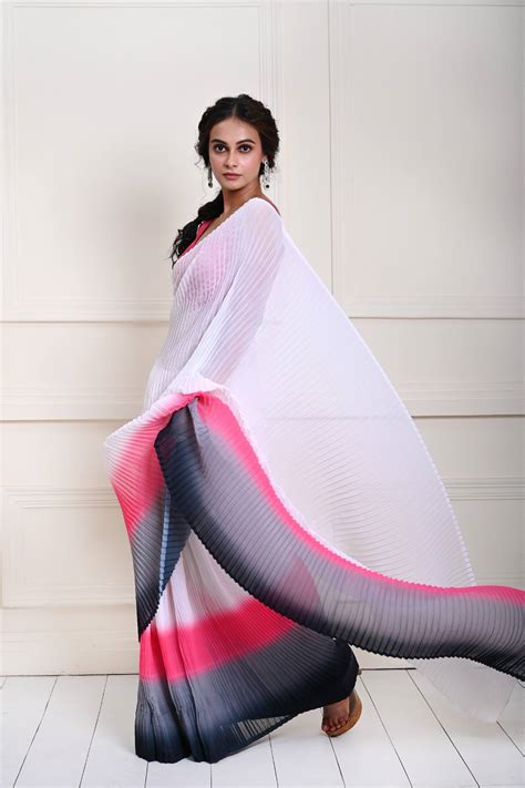 White Ombre Pleated Pure Georgette Saree – Anvi Couture