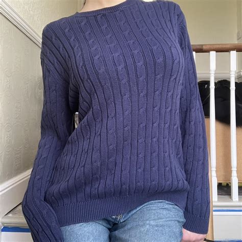 gorgeous navy blue cable knit crewneck sweater... - Depop