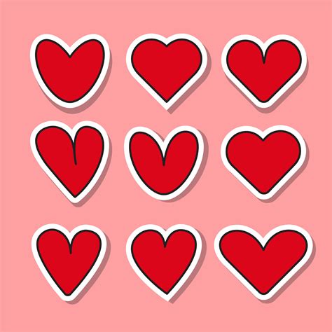 Set of red hearts stickers. Different romantic vector heart icons for ...