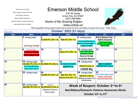 October Calendar | Emerson Middle School