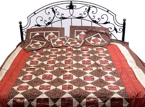 Exotic India Maroon and Red Seven-Piece Banarasi Bedcover with Woven ...
