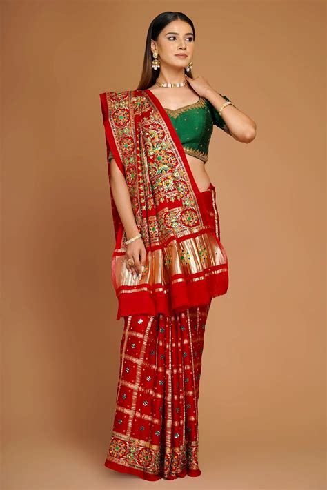 Maroon Checks Woven Gharchola Saree in Silk with Embroidery and Appliq ...