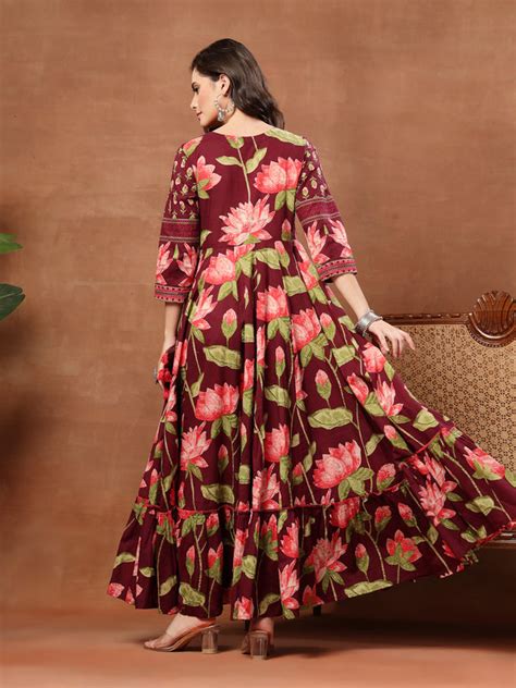 Cotton Ankle Length Printed 3/4 Sleeves V-Neck Flared Kurta – Gulmohar ...