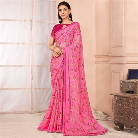 Pink Floral Printed Chiffon Saree With Lace Border