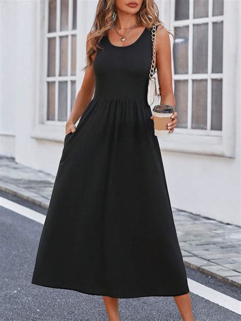 SHEIN LUNE Solid Slant Pocket A-Line Dress Maxi Women Outfit | SHEIN USA