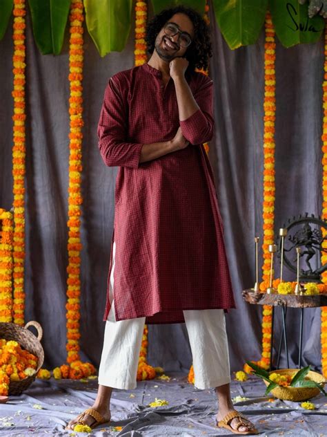 Full Sleeve Cotton Maroon Kurta For Men|Jalta Suraj|Suta