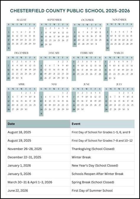 Chesterfield County Public School Calendar 2025-2026 (Dates)