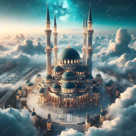 Majestic mosque its minarets soaring high amidst billowing clouds A ...