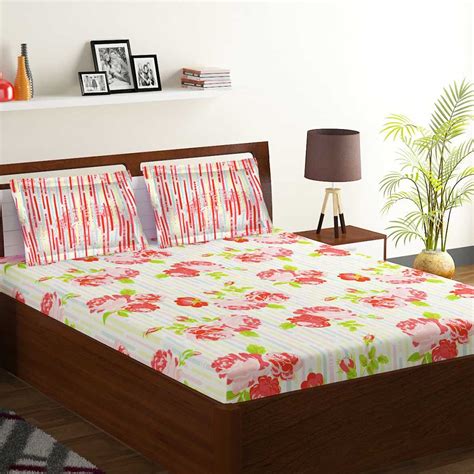 Bombay Dyeing Orange Floral 120 TC Cotton Double 1 Bedsheet With 2 ...