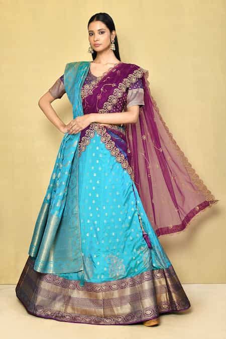Buy Purple Brocade Embroidery Round Neck Flower Woven Lehenga Set For ...