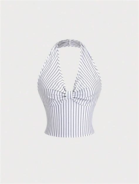 Sweetra Lente/Zomer Casual Gestreept Halter Twist Back Sexy Cropped ...