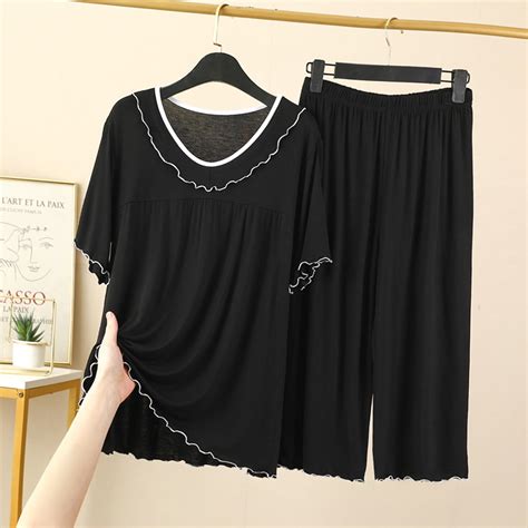 Elvqul Plus Size Womens Pajamas Cotton 2PC Elastic Sleepwear Short ...