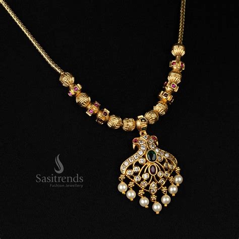 Matte Gold Plated Temple Necklace Set with Peacock Pendant - Sasitrends